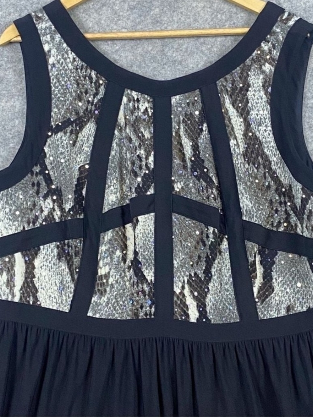 R & M Richards Black Dress with Silver Sequin Snake-Print Panels